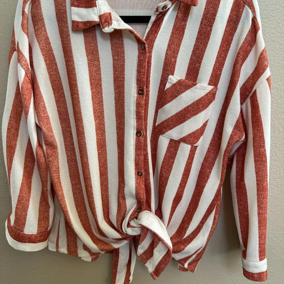 Eden & Olivia Orange White Vertical Stripe Womens Button-Up Tie-Front Shirt - Picture 2 of 5